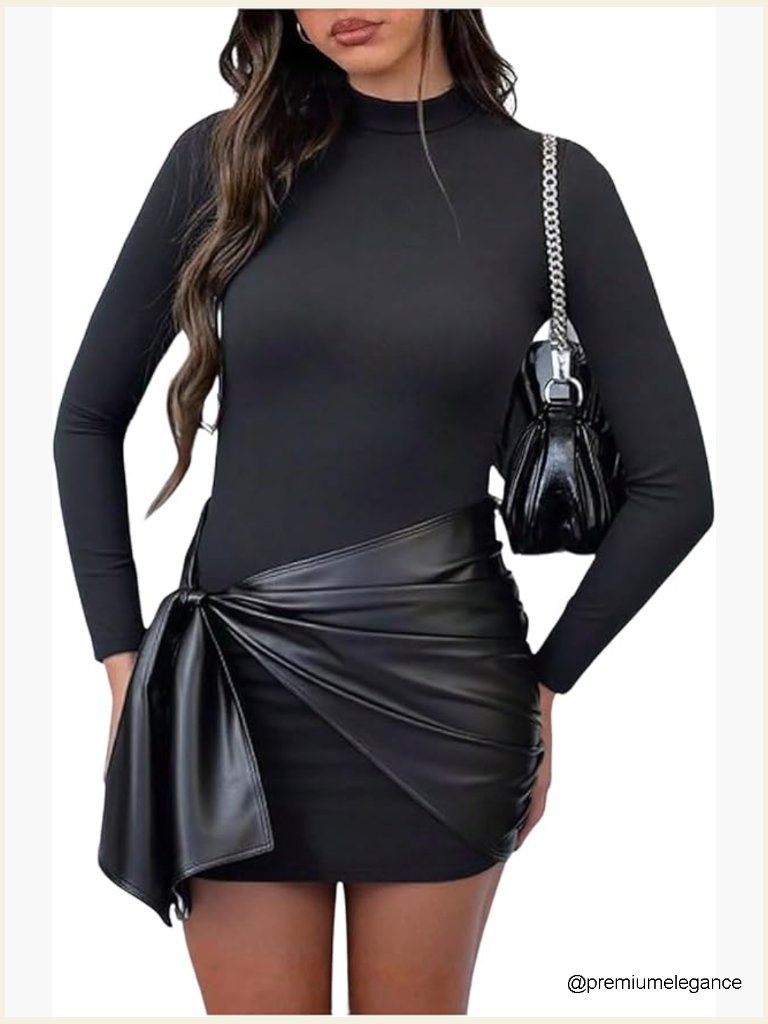 Leather Tie Front Bodycon Mini Dress Long Sleeve Mock Neck